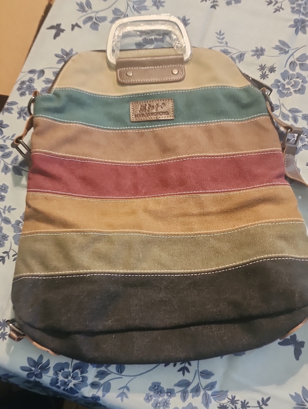 Striped Canvas Tote with Brown Leather Accents - MANJIANGHONG